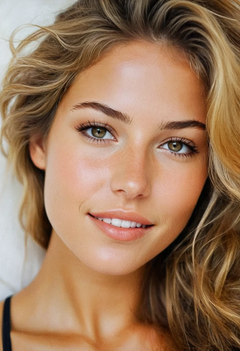 , une femme magnifique de 23 ans, grosse poitrine, léger sourire, visage et yeux détaillés, Éclairage naturel, à la maison, cheveux longs, faible contraste, visage naturel, taches de rousseur, cheveux blond foncé, yeux marrons, tout nue sur un lit