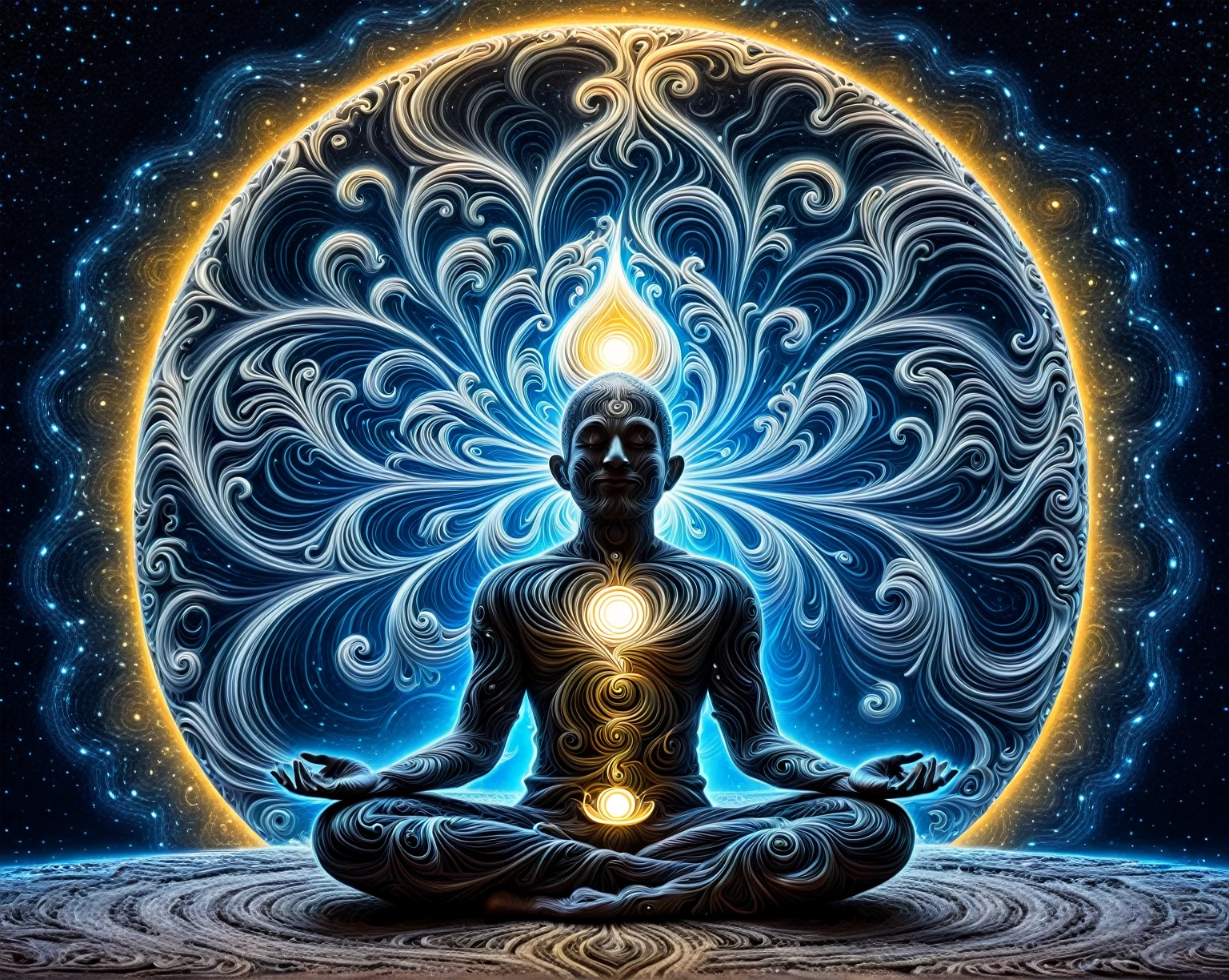 a man sitting in a lotus position with a glowing moon in the background, enlightenment tripping on dmt, psychedelic therapy, psytrance, zen méditation cyberpunk, a cyborg meditating, cosmic enlightenment, an interdimensional being, extremely psychedelic experience, psychedelic dmt, psychedelic experience, while tripping on dmt, psytrance artwork, astral travel, psychedelic effects