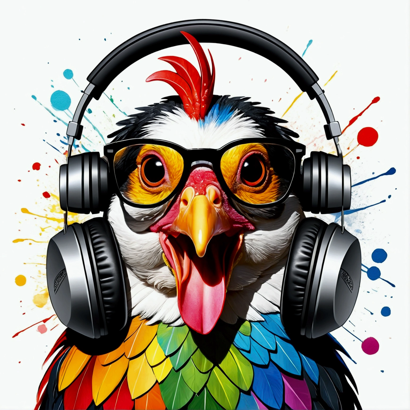 graphics, diverse and fun geometric figures, rainbow, Romero Britto, Salvador Dali, a dog, A domestic chicken with sunglasses and DJ headphones and with thoughts running through his fingers and the confusion of memory ((white and black background)), guinea fowl face, the chicken&#39;s huge wings, the beak, the microphone, the headset, Sunglasses, exacerbated contrasts, piercing eyes, colorful and cheerful, Boring and sad, Art Watercolor Painting Oil Paint, abstrato, Epic Instagram, art station, colorful ink wink style wink+, Contour, hyper-detailed intricately detailed, awesome, details Intricate, splashscreen, colors complementary, conceito realista abstrato Romero Britto de arte, 8K, deviantart masterpiece, oil painting, heavy brush strokes, paint drips, splash arts.
