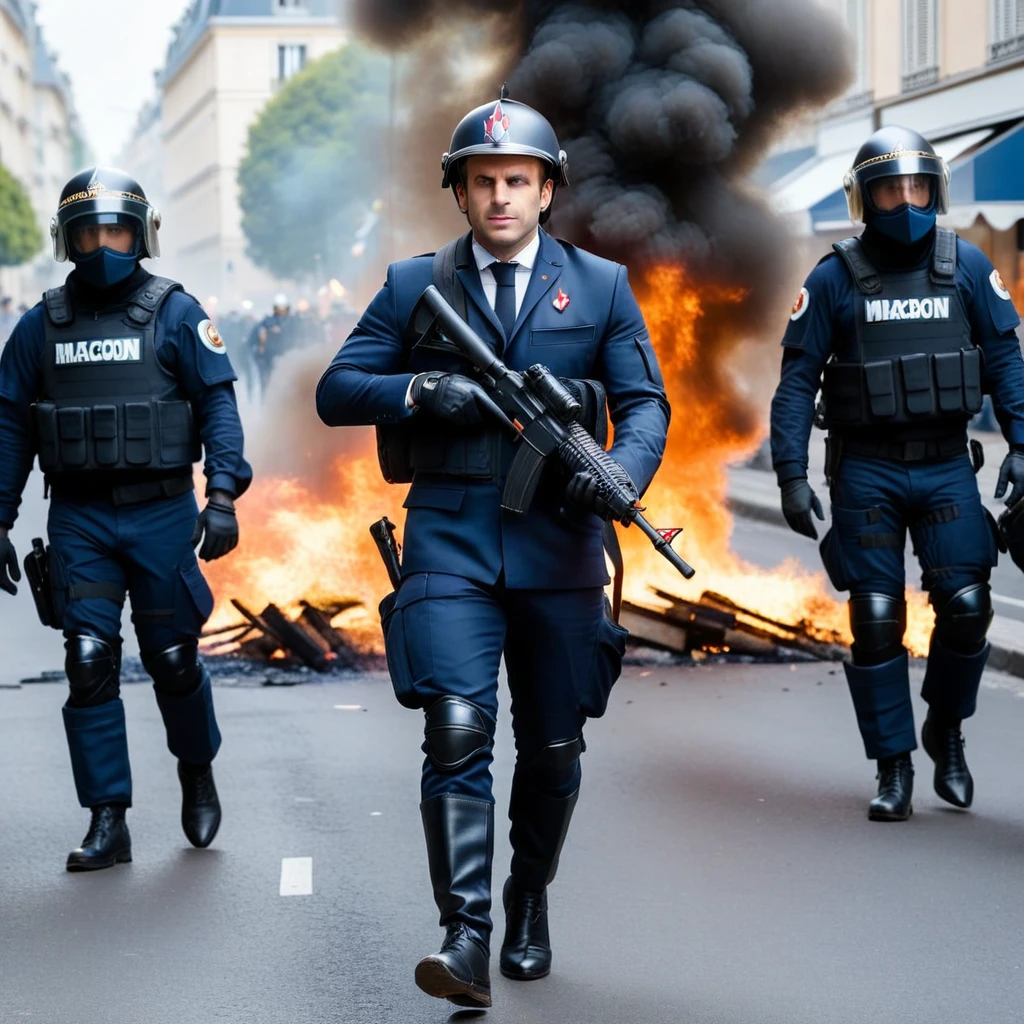 Macron1024, man, full body,  street riots, fires,  riot police, photography, trending on artstation, sharp focus, studio photo, intricate details, highly detailed, by greg rutkowski   