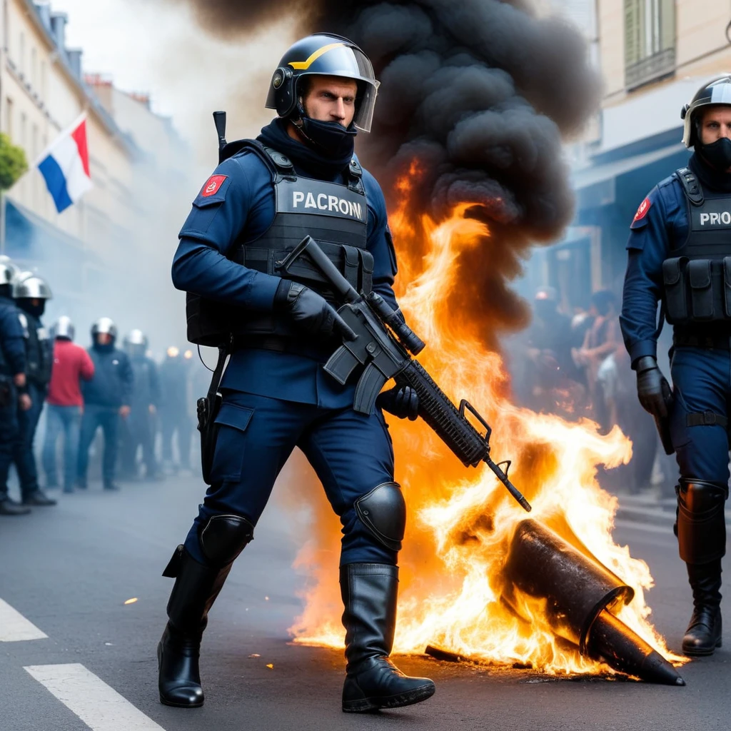 Macron1024, man, full body,  street riots, fires,  riot police, photography, trending on artstation, sharp focus, studio photo, intricate details, highly detailed, by greg rutkowski   