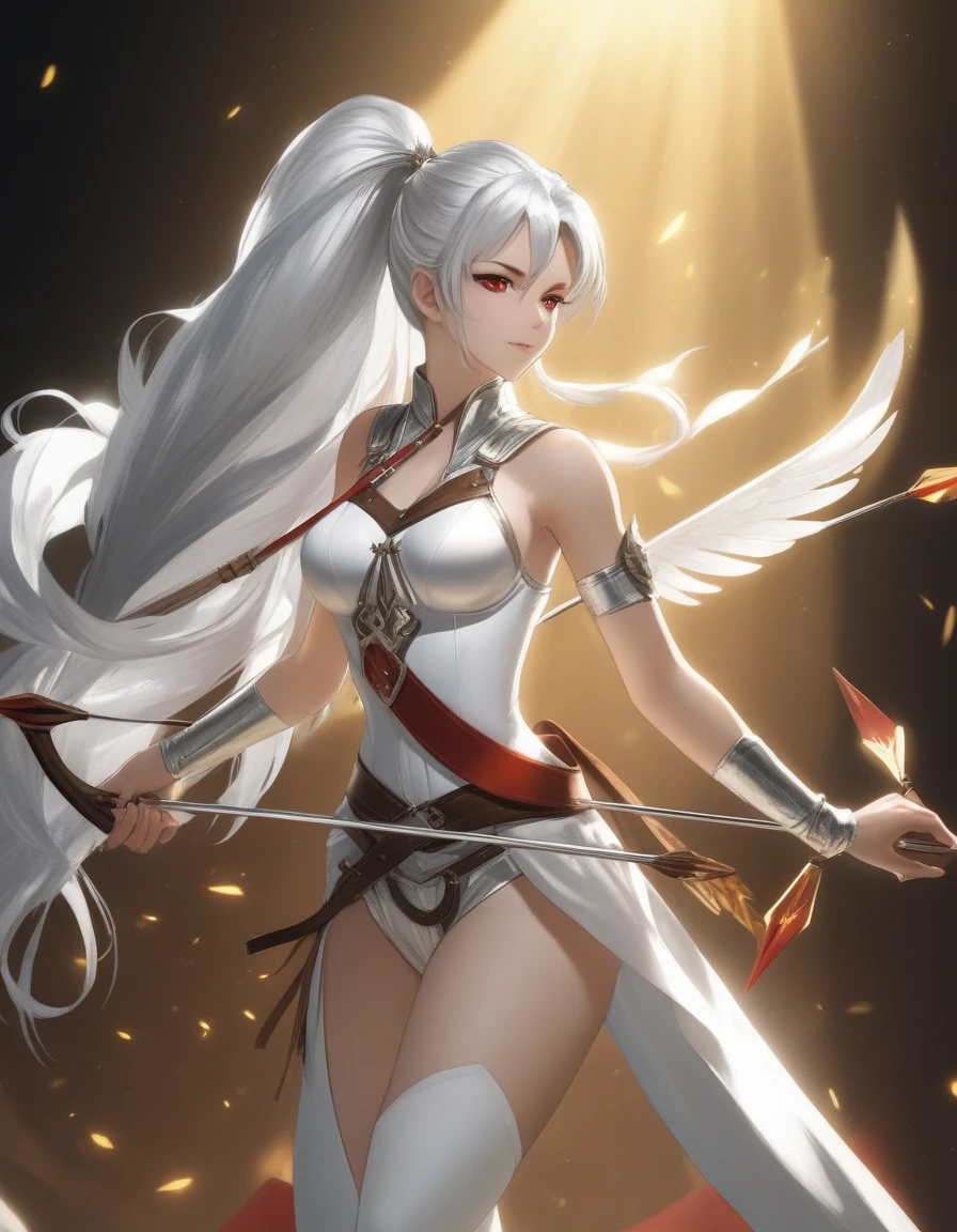 1 girl, shiny backlight, volumy long ponytail, silver hair, red eyes, middle breasts, her hair is fluttering down, white fantasic leotard outfit, white long loincloth,brown belts, long Quiver of Arrows behind back, open legs,open thighs, arched back, scerious,gazing, cowboy shot, masterpiece, best quality, general,arms behind back,