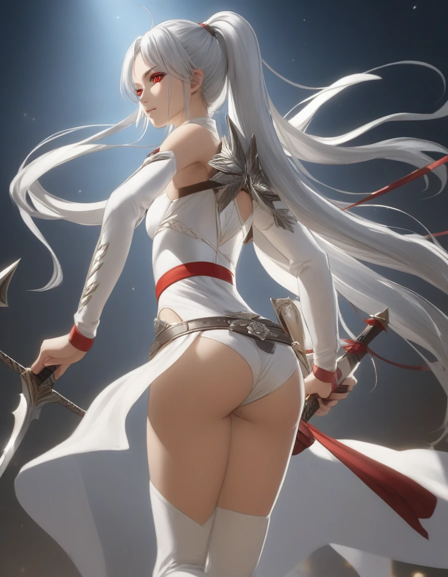 1 girl, shiny backlight, volumy long ponytail, silver hair, red eyes, middle breasts, her hair is fluttering down, white fantasic leotard outfit, white long loincloth,brown belts, long Quiver of Arrows behind back, open legs,open thighs, arched back, scerious,gazing, cowboy shot, masterpiece, best quality, general,arms behind back,