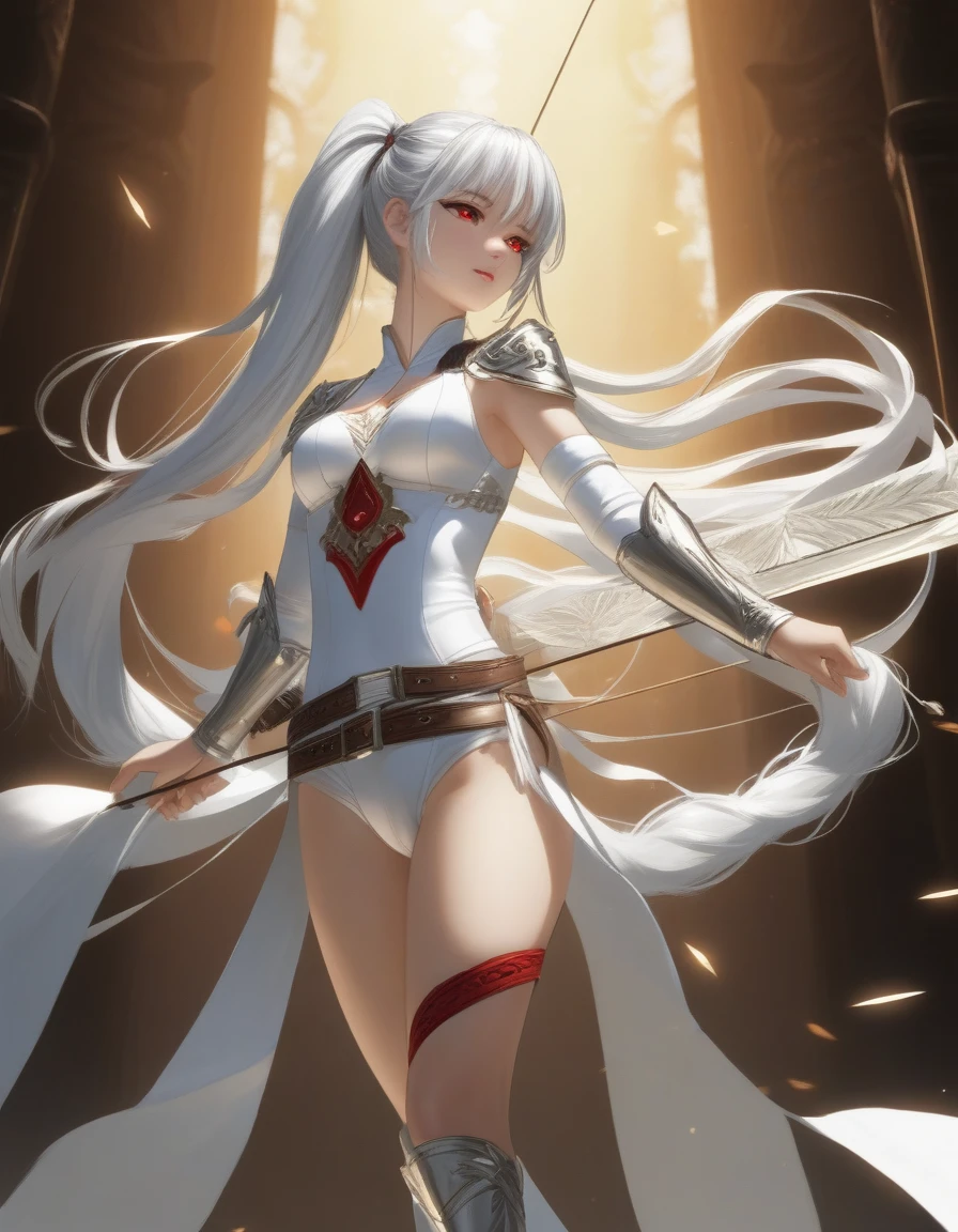 1 girl, shiny backlight, volumy long ponytail, silver hair, red eyes, middle breasts, her hair is fluttering down, white fantasic leotard outfit, white long loincloth,brown belts, long Quiver of Arrows behind back, open legs,open thighs, arched back, scerious,gazing, cowboy shot, masterpiece, best quality, general,arms behind back,