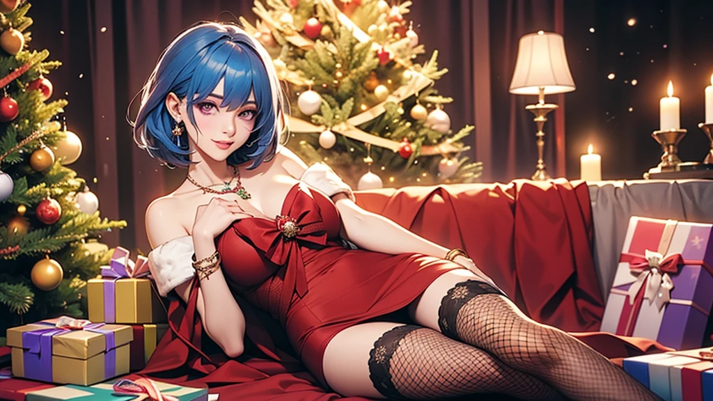 1 girl, smooth, blue hair, bow, box, bracelet, Christmas, Christmas tree, Cowboy Shot, set, earring, fishnet, flower, gift, gift box, decorationsผม, Hamel., decorations, look at viewer, colorful hair, necklace, tights, Chapped lips, purple eyes, red set, ribbon, rose, short hair, smile, alone, thigh high