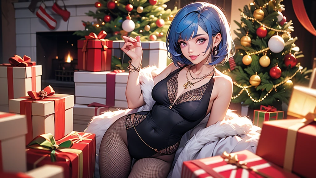 1 girl, smooth, blue hair, bow, box, bracelet, Christmas, Christmas tree, Cowboy Shot, set, earring, fishnet, flower, gift, gift box, decorationsผม, Hamel., decorations, look at viewer, colorful hair, necklace, tights, Chapped lips, purple eyes, red set, ribbon, rose, short hair, smile, alone, thigh high