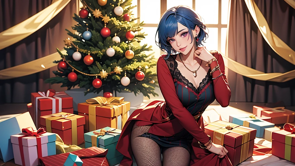 1 girl, smooth, blue hair, bow, box, bracelet, Christmas, Christmas tree, Cowboy Shot, set, earring, fishnet, flower, gift, gift box, decorationsผม, Hamel., decorations, look at viewer, colorful hair, necklace, tights, Chapped lips, purple eyes, red set, ribbon, rose, short hair, smile, alone, thigh high