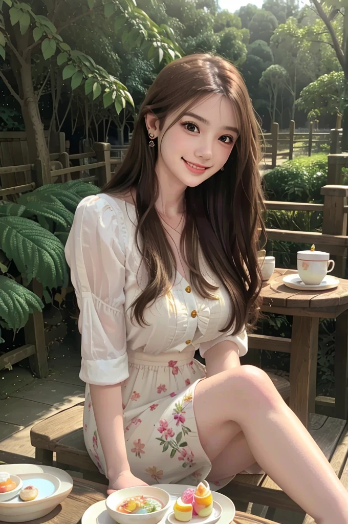 Best quality, masterpiece, super high resolution, (realistic: 1.4), original photo, 1 girl, hairpins, earrings, jewelry, brown hair, looking at the viewer, lips, playful, wearing dress, amusement park, legs, lively, bust, Detailed and vivid photorealistic illustration of a Japanese girl enjoying a rich breakfast in an outdoor garden. Fresh fruit, fried eggs, pastries, and tea are arranged on the table. The girl sits at a table, surrounded by lush greenery and colorful flowers, smiling and enjoying her meal. She has long hair and wears simple, casual clothing appropriate for a relaxing morning. The atmosphere is bright and cheerful, and the sunlight filtering through the trees creates a peaceful, joyful scene.