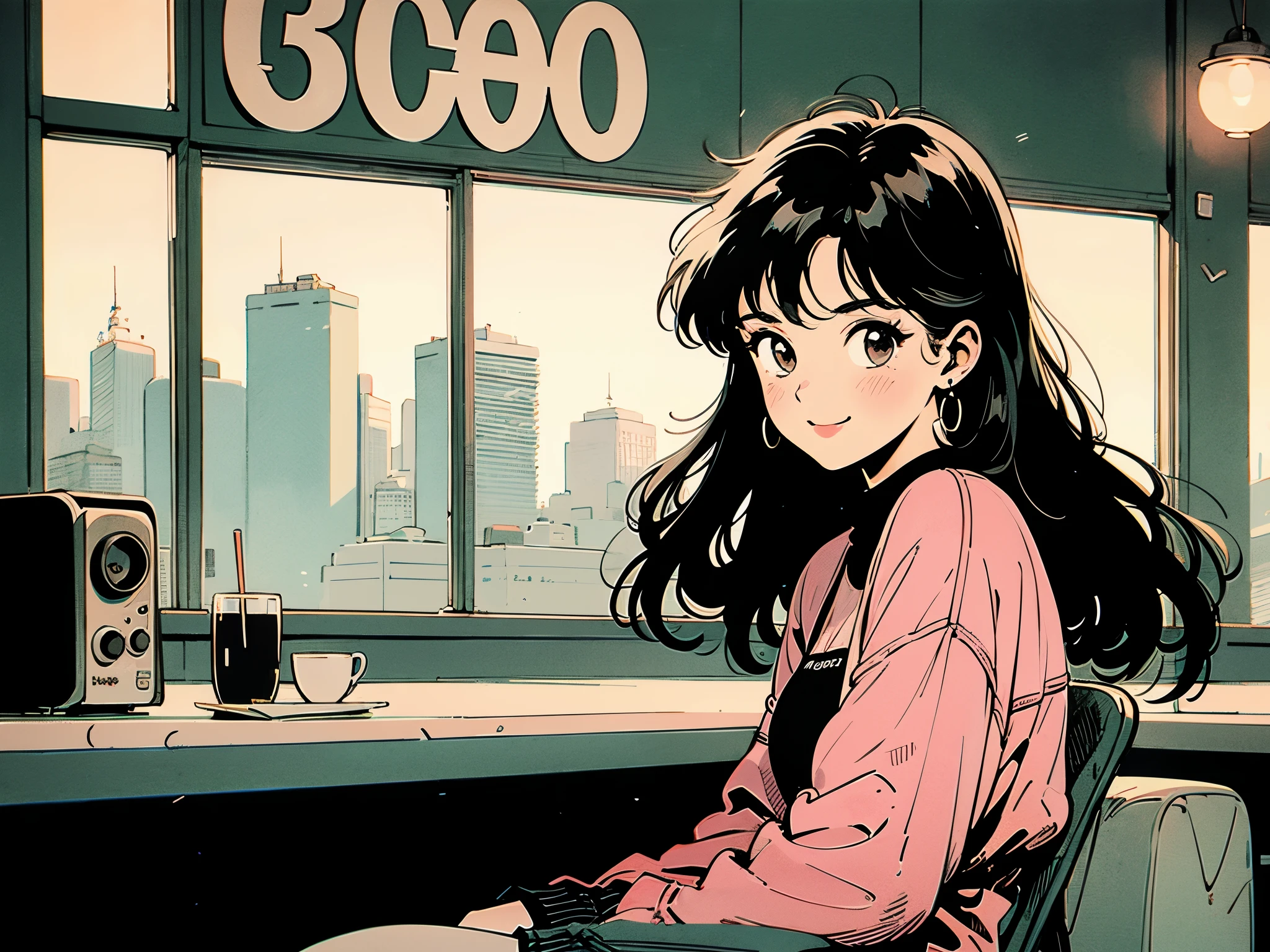 Highest quality,wallpaper,masterpiece,Super detailed,8K,wallpaper,Retro,((One female:1.5)),Long-haired woman,Cafe,(Looking this way and smiling),City Pop,Urban Pop,Retroなレコードジャケットのイラスト