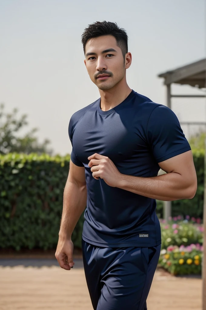 Masterpiece, best quality, high resolution, realistic, handsome, Take beautiful photos, Sayk, NRF, Photo of the 35 year old gym association (The man has a thin mustache.),Full body, Portrait, standing in the garden , make military media, weight, Amazing , Buzzcut short hair,stubble head , (Hyper Muscle),looking at the audience, Flirt with the camera, charming, (Tight navy blue workout shirt. ),(GS-Male:1), 8K,Bokeh,Portrait,look at the viewer,
