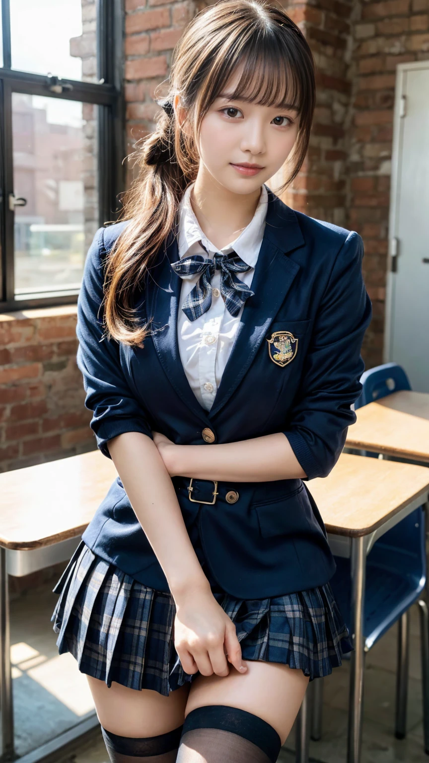 masterpiece, best quality, illustration, Super detailed, fine details, High resolution, 8K,wall paper, perfect dynamic composition,(Details High quality, realistic depiction of eyes:1.3), High School Classroom、High school girl uniform、blazer 、Super Short Check Uniform Skirt、Navy blue high socks、garterbelts、plump breasts, Disturbed uniform,  (updo:1.2), black hair color, large breasts, Big Natural Color Lip, bold sexy pose, (perfect body shape), crying a little、20 year old girl、cute type, beautiful legs, hposing Gravure Idol, Voluptuous thighs