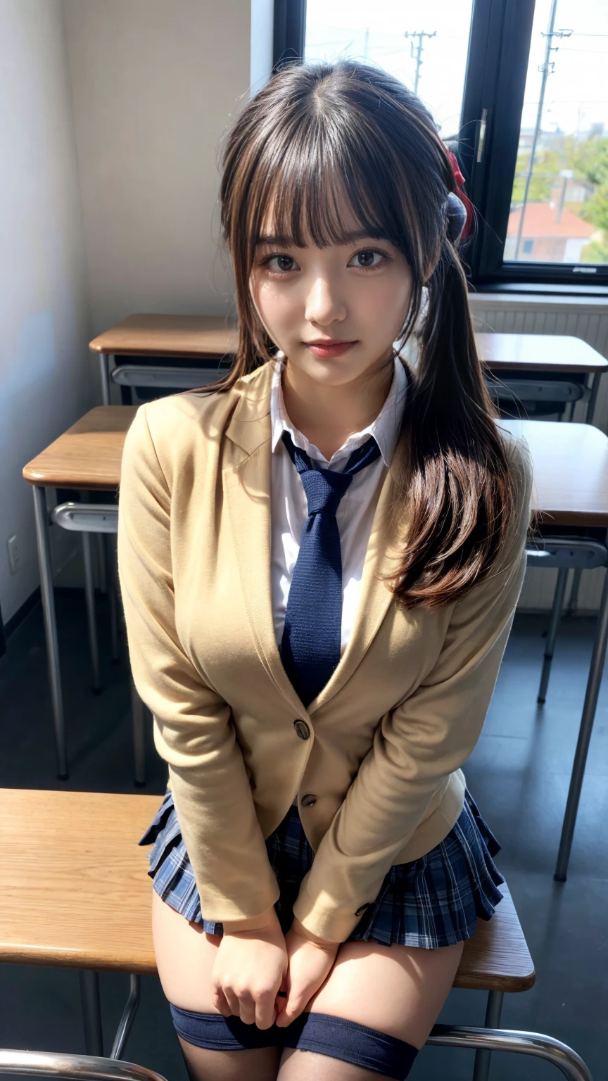 masterpiece, best quality, illustration, Super detailed, fine details, High resolution, 8K,wall paper, perfect dynamic composition,(Details High quality, realistic depiction of eyes:1.3), High School Classroom、High school girl uniform、blazer 、Super Short Check Uniform Skirt、Navy blue high socks、garterbelts、plump breasts, Disturbed uniform, (updo:1.2), black hair color, large breasts, Big Natural Color Lip, bold sexy pose, (perfect body shape), crying a little、20 year old girl、cute type, beautiful legs, hposing Gravure Idol, Voluptuous thighs
