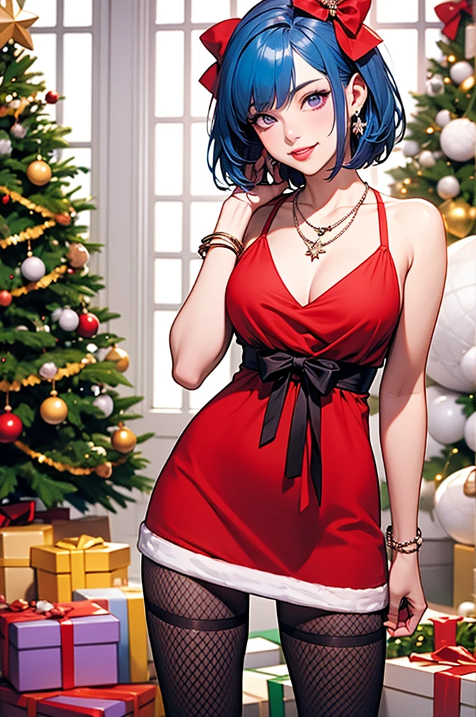 1 girl, smooth, blue hair, bow, box, bracelet, Christmas, Christmas tree, Cowboy Shot, set, earring, fishnet, flower, gift, gift box, decorationsผม, Hamel., decorations, look at viewer, colorful hair, necklace, tights, Chapped lips, purple eyes, red set, ribbon, rose, short hair, smile, alone, thigh high