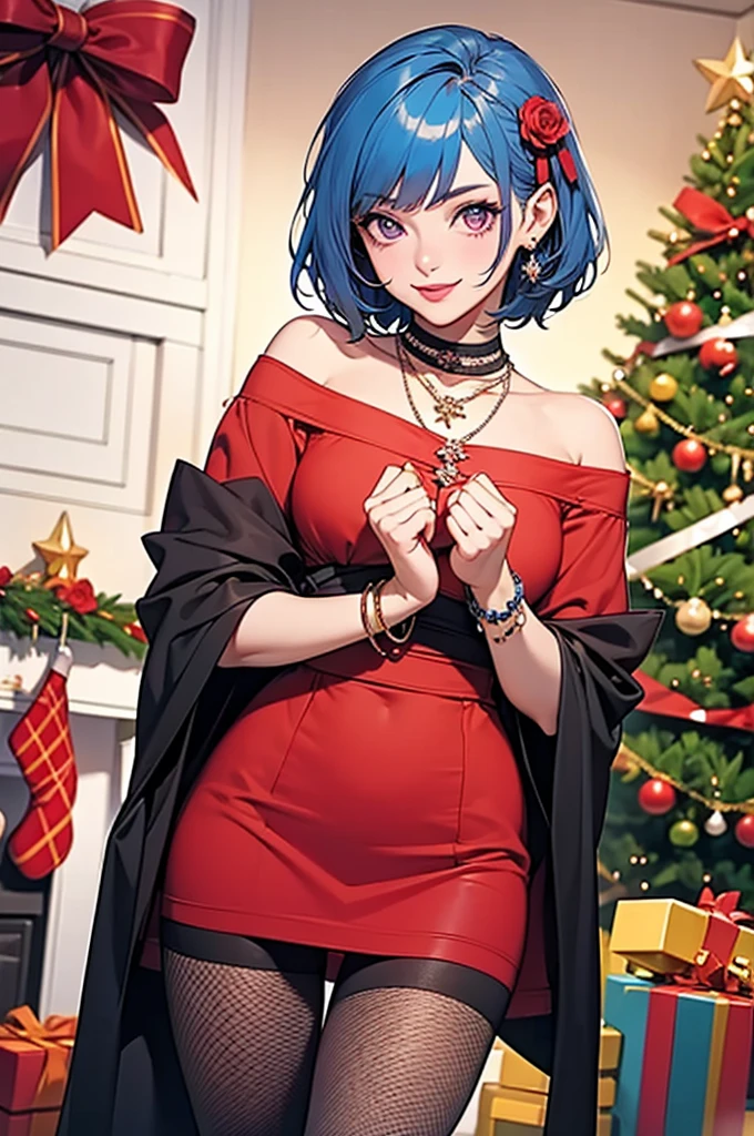 1 girl, smooth, blue hair, bow, box, bracelet, Christmas, Christmas tree, Cowboy Shot, set, earring, fishnet, flower, gift, gift box, decorationsผม, Hamel., decorations, look at viewer, colorful hair, necklace, tights, Chapped lips, purple eyes, red set, ribbon, rose, short hair, smile, alone, thigh high