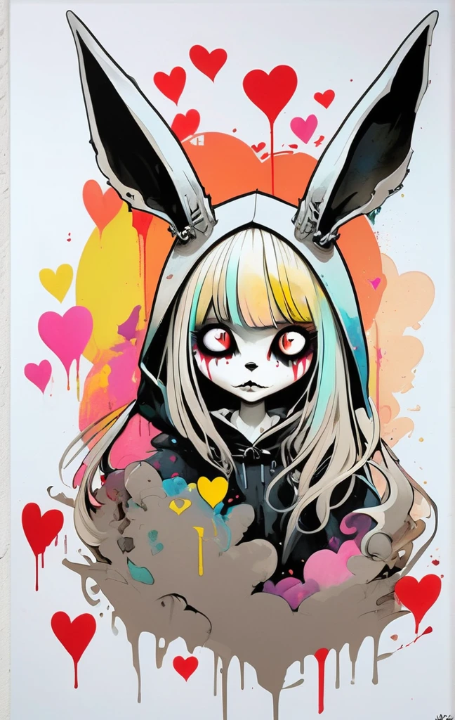 poster,Jim Mahfood,Ellen Jewett, hyper detailed, high contrast,masterpiece, white background、Simple line initials，Abstract art，Urban Background, Colorful Hearts ,(((The most beautiful girl of all time))), Cute Grim Reaper Character、Beautiful illustrations, Highest quality, Cute Grim Reaper、Bedroom, pastel colour, Fluffy bunny ears, , Silver long hair,