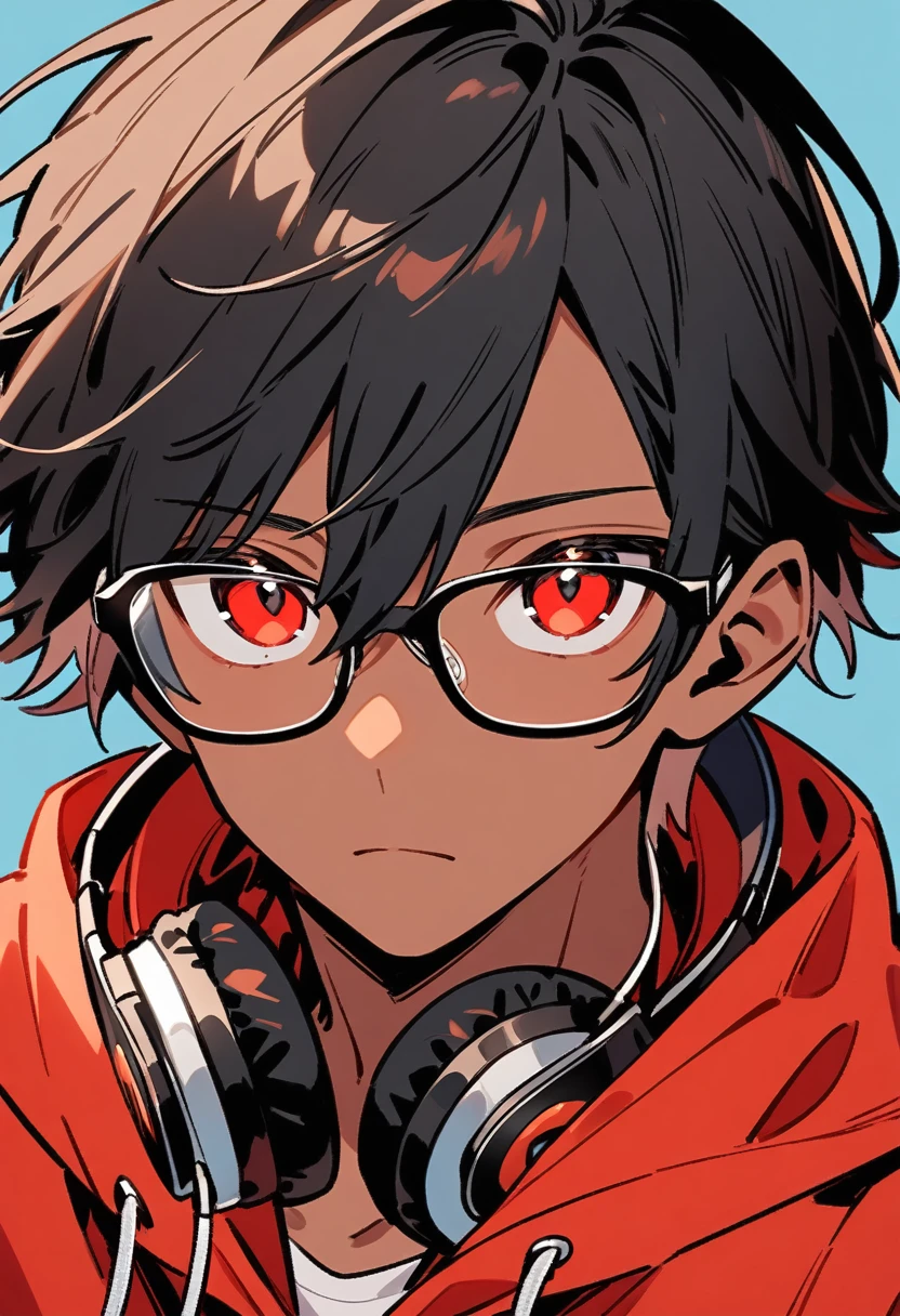 solo, looking at viewer, short hair, bangs, simple background, shirt, black hair, red eyes, 1boy, hair between eyes, closed mouth, jacket, upper body, male focus, glasses, dark skin, hood, hoodie, headphones, blue background, dark-skinned male, hood down, red shirt, portrait, hooded jacket, red jacket, black-framed eyewear, headphones around neck, red hoodie