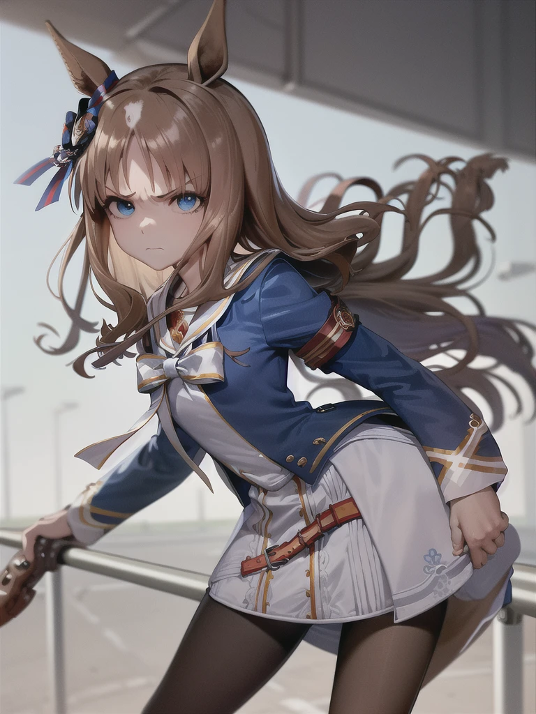 Masterpiece, top quality,
Glass Wonder \(Uma Musume\),

face close up,

Serious face, closed mouth, blue eyes, ((eyes/aura/blue)),

running, racetrack, grass,

White sailor collar, blue jacket, long sleeves, armband, white dress, white skirt, black pantyhose, boots, brown footwear, mismatched footwear