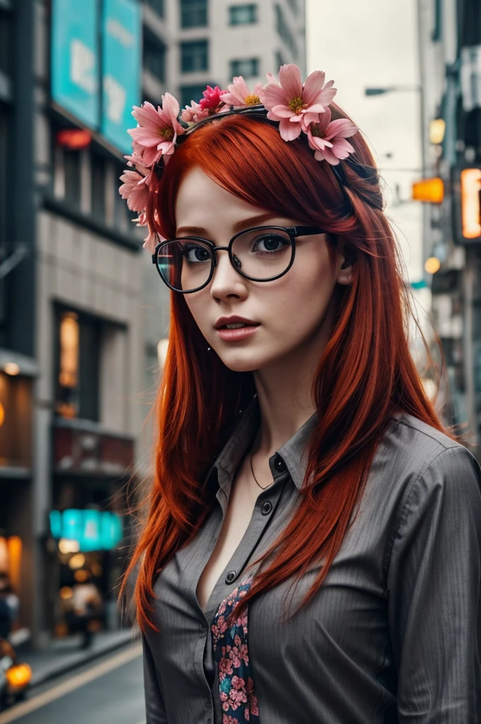 Redhead girl with cyberpunk style glasses on her head with flowers in her mouth. Wear a gray blouse