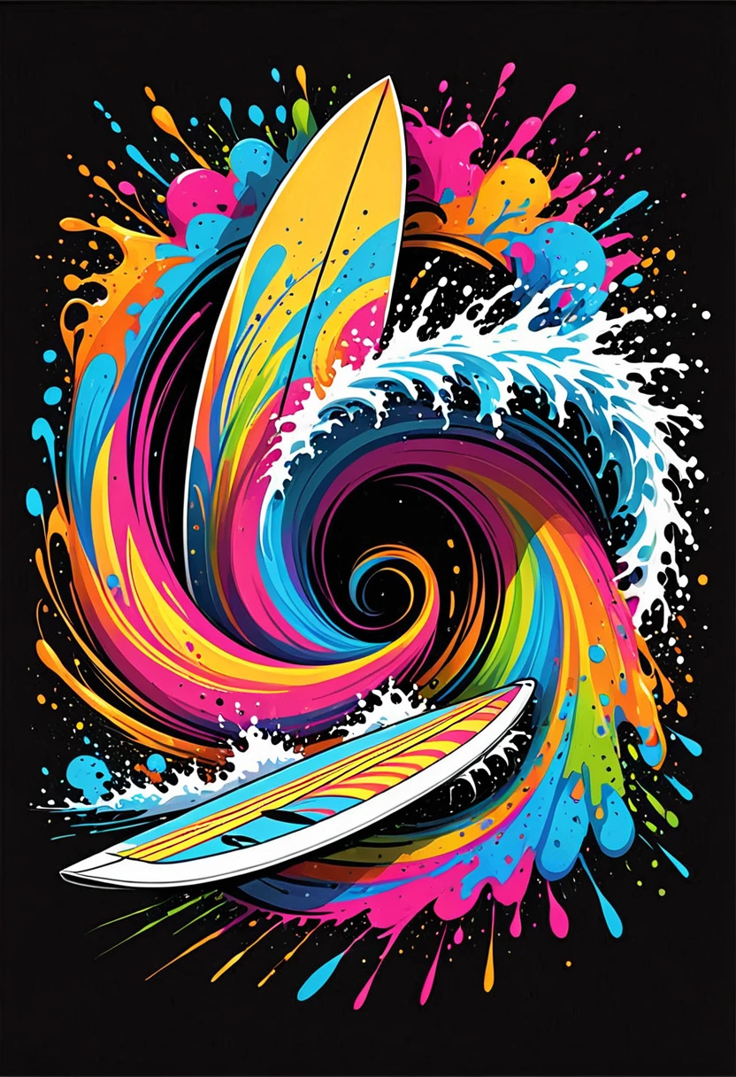 T-shirt with vector art of a colorful illustration of surfboards, At the center, swirly vibrant colors, paint splashes and smears, High detail t-shirt design, black backdrop 
