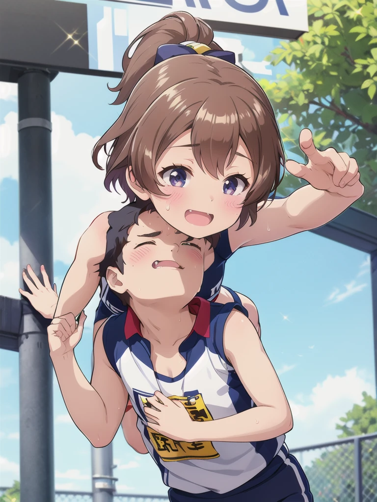 1girl,1boy,Outdoor,1girl,hug,Track and field uniforms,Leaning forward,smile,Brown Hair, short hair, ponytail,Flat Chest,upper body,Cleavage,Sweating profusely,Chibi,1boy,white face,black hair,white skinned,young aged man,