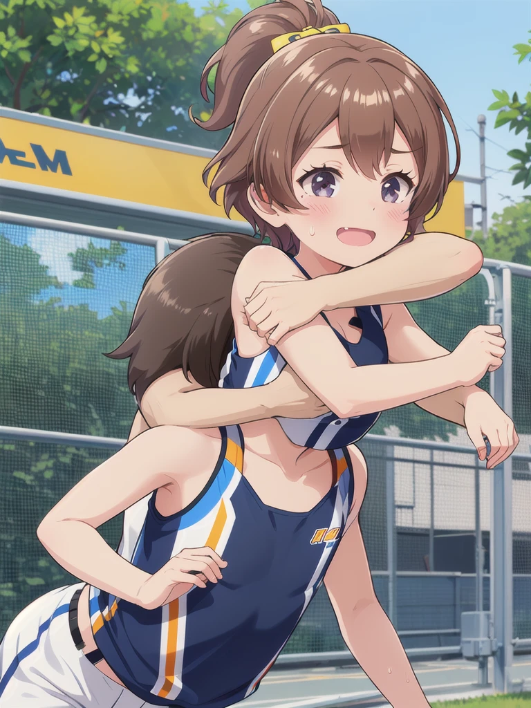 1girl,1boy,Outdoor,1girl,hug,Track and field uniforms,Leaning forward,smile,Brown Hair, short hair, ponytail,Flat Chest,upper body,Cleavage,Sweating profusely,Chibi,1boy,white face,black hair,white skinned,young aged man,