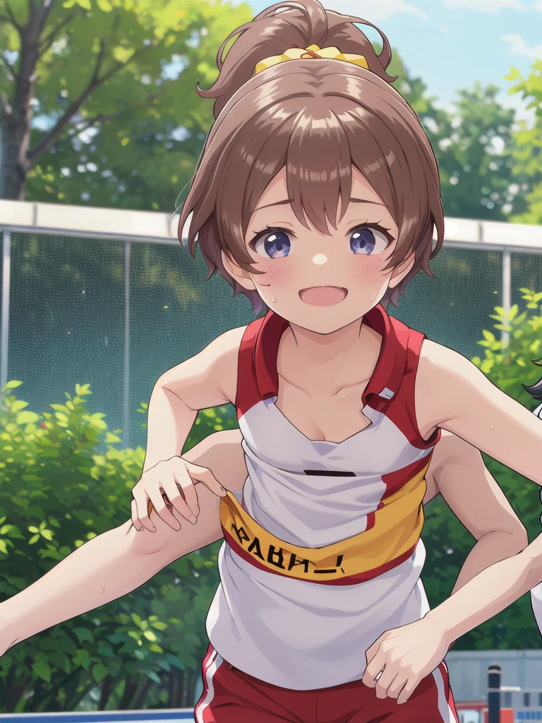 1girl,1boy,Outdoor,1girl,hug,Track and field uniforms,Leaning forward,smile,Brown Hair, short hair, ponytail,Flat Chest,upper body,Cleavage,Sweating profusely,Chibi,1boy,white face,black hair,white skinned,young aged man,