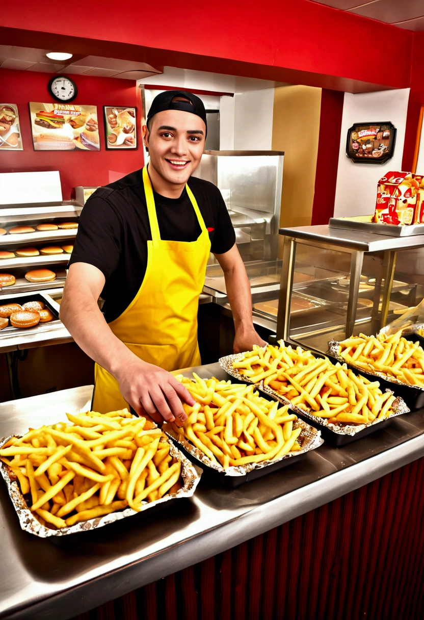 (Fast Food Worker), A fast food clerk stood behind the counter, quickly packaging hamburgers and fries in his hands, with a friendly smile on his face. The background was a busy fast food restaurant, with lively music playing inside and customers coming in a continuous stream. The clerk ordered while having pleasant conversations with customers, full body, (Photography), panoramic view, award-winning, cinematic still, emotional, vignette, dynamic, vivid, (masterpiece, best quality, Professional, perfect composition, very aesthetic, absurdres, ultra-detailed, intricate details:1.3)