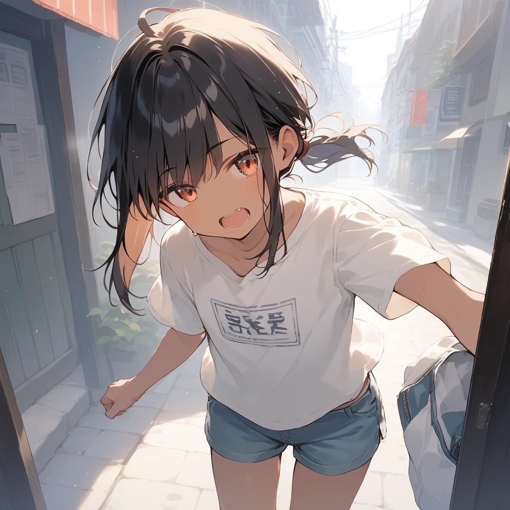 score_9, score_8_up, score_7_up, source_anime, best quality, masterpiece, official art, absurdres, highres, ultra-detailed,waifu2x,Collection: Slice of Life,break,1girl, tomboy, dark-skinned female, short hair, low ponytail, flat chest, beautiful detailed eyes, short shorts, sweat, open mouth, (yawn:0.3), sleepily, outdoors, wind,break,(clear line illustration:1.2), super detailed skin,very high resolution, very aesthetic, Best sexual lighting powered by famous artist, 8k,cute picture,beauty illustration,photoshop_(medium),,(Detailed Lighting),best anime 8k konachan wallpaper, pixiv contest winner,
