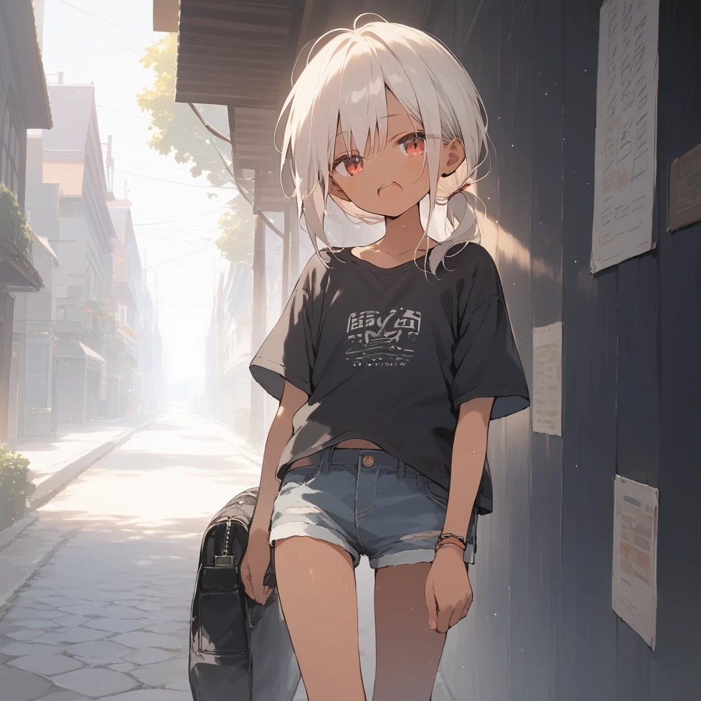 score_9, score_8_up, score_7_up, source_anime, best quality, masterpiece, official art, absurdres, highres, ultra-detailed,waifu2x,Collection: Slice of Life,break,1girl, tomboy, dark-skinned female, short hair, low ponytail, flat chest, beautiful detailed eyes, short shorts, sweat, open mouth, (yawn:0.3), sleepily, outdoors, wind,break,(clear line illustration:1.2), super detailed skin,very high resolution, very aesthetic, Best sexual lighting powered by famous artist, 8k,cute picture,beauty illustration,photoshop_(medium),,(Detailed Lighting),best anime 8k konachan wallpaper, pixiv contest winner, 