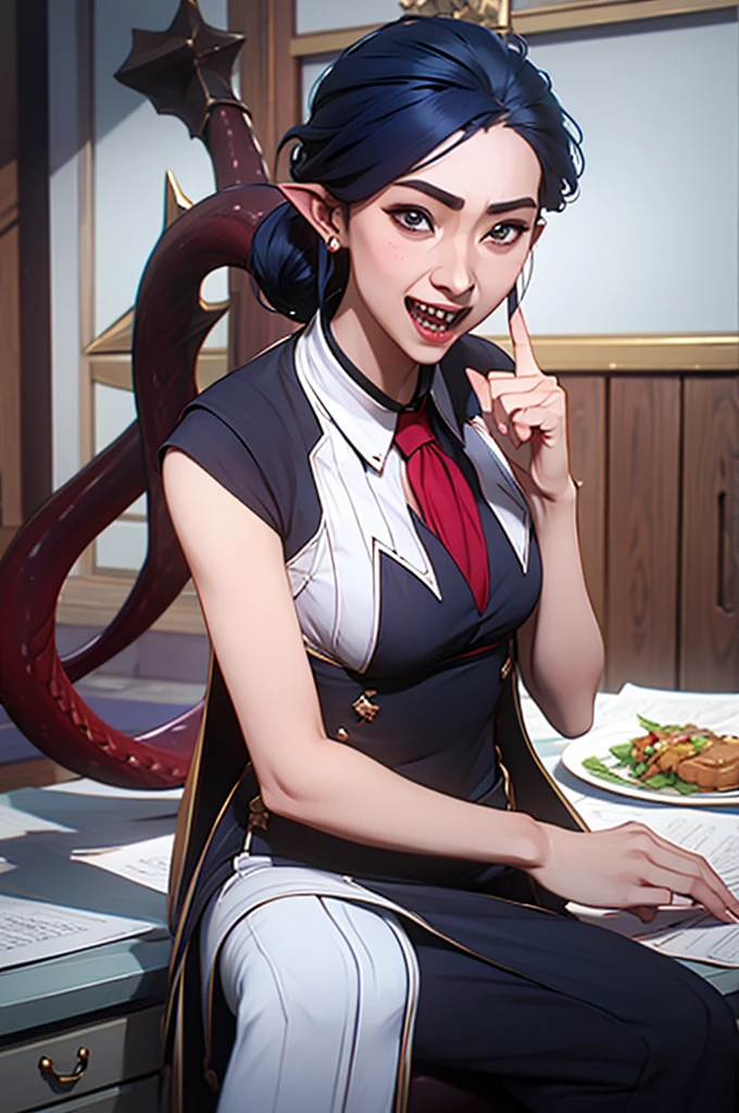 Momok, radius, short twin, Trumpet, bright student, Ahoge, pointed ears, (dragon tail:1.1), collared dress, sleeveless dress, necktie, small breasts, (pointing at viewer:1.035), crack laughing, gag, hand to own mouth, Sharp teeth, (พอใจในตัวเอd:1.2), :d, open mouth, , indoors, สำนักdาน, sitting on desk, holding food, (ถุdชิป:0.7),