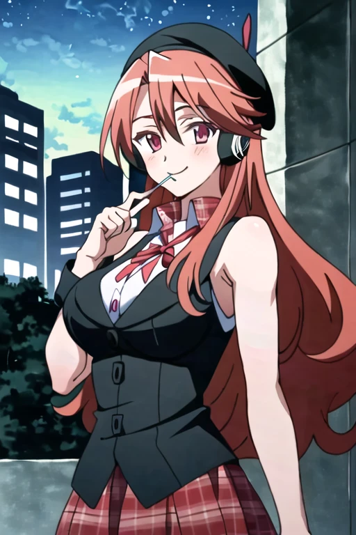 (extremely detailed), (masterpiece), (best quality), (ultra-detailed), (best illustration), (best shadow), (absurdres), (detailed background) Chelsea, 1girl, solo, long hair, headphones, red hair, plaid, smile, red eyes, vest, lollipop, plaid skirt, black beret, black hat, looking at viewer, candy, pink eyes, anime coloring, big breasts, cleavage, night time, city background