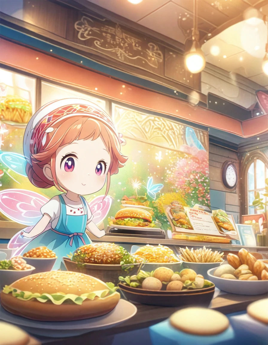 Beautiful close-up, Lovely, Hardworking and lively fast food restaurant clerk.Beautiful and textured foreground and background，detailed, bright, Animation style HD high quality presentation,（（（Romantic atmosphere）））（（（fairy tale elements）））（（（masterpiece）））， （（best quality））