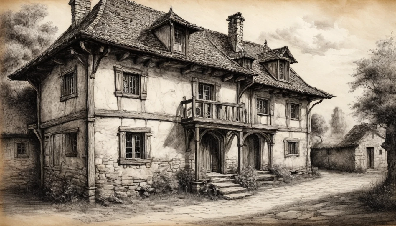 old house, medieval, beautiful, charcoal pencil drawing on old paper
