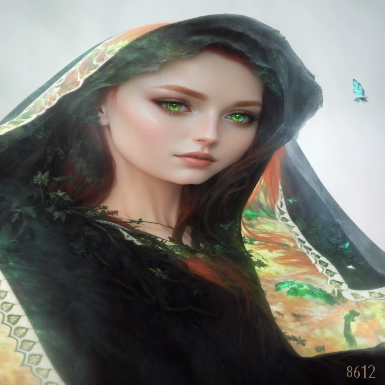 a beautiful woman with long red hair, striking green eyes, delicate facial features, detailed skin texture, fashion model, elegant pose, dramatic lighting, cinematic environment, fantasy forest, glowing moss, colorful butterflies, vibrant colors, photorealistic, 8k, high resolution, masterpiece