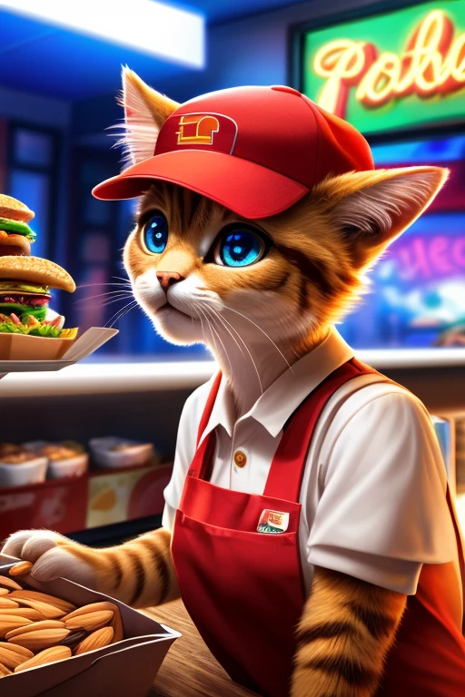 (Highest quality、masterpiece、8K))、Anatomically correct、Very detailed、High resolution、Realistic、((Beautiful, bright, almond-shaped, detailed eyes))、Intricate details、Cinematic lighting、((Dynamic composition))、Party、cute cat、Fast food restaurant clerk、Fast food counter、Red Cap Cap