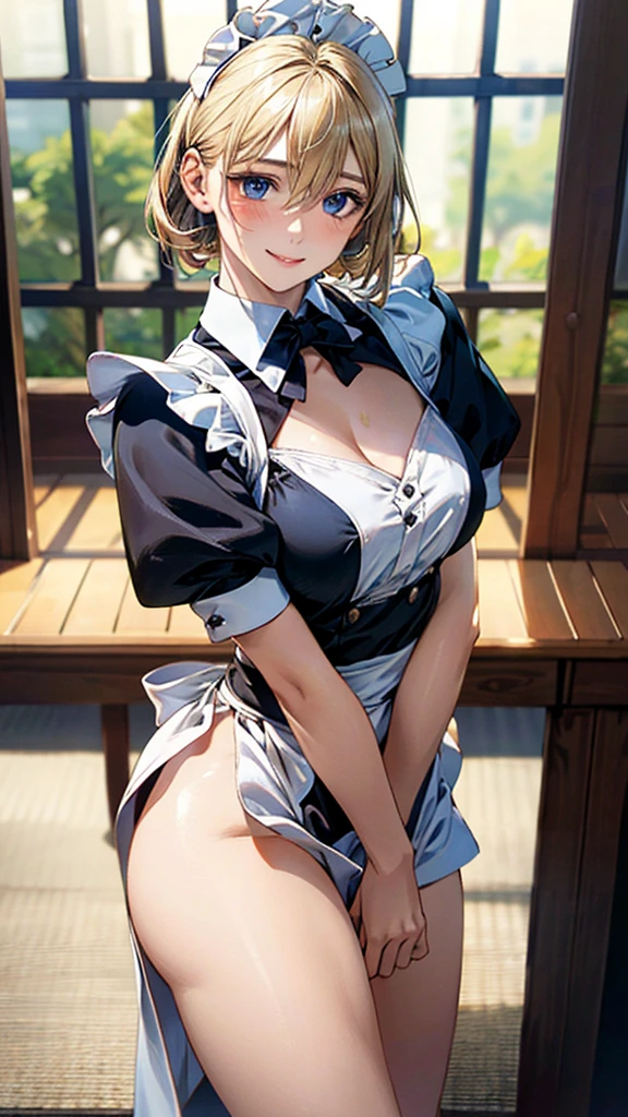 (masterpiece:1.3, Highest quality, Ultra-high resolution, Very detailed), (Realistic, photoRealistic:1.4), Beautiful illustrations, Perfect lighting, Natural light, colorful, Written boundary depth, NFSW,
View your viewers, (throw, Close-up shot), 1 Girl, Japanese, high school girl, Perfect Face, Cute and symmetrical face, Shiny skin, Sunburned skin,
(Bob Hair:1.5, Blonde), Hair between the eyes, blue eyes, (Large Breasts, seductive Thighs, Big Ass), Thighs, sum,
Beautiful Hair, Beautiful Face, Beautiful attention to detail, Beautiful clavicle, Beautiful body, Beautiful breasts, 美しいThighs, Beautiful feet, Beautiful fingers,
(Beautiful views), (Dynamic pose,), (Captivating smile,), (Maid clothes)