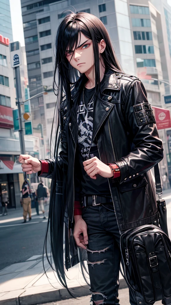 A young man with long black hair is glaring at people with hostile eyes and shouting in anger. He is dressed in punk rock.