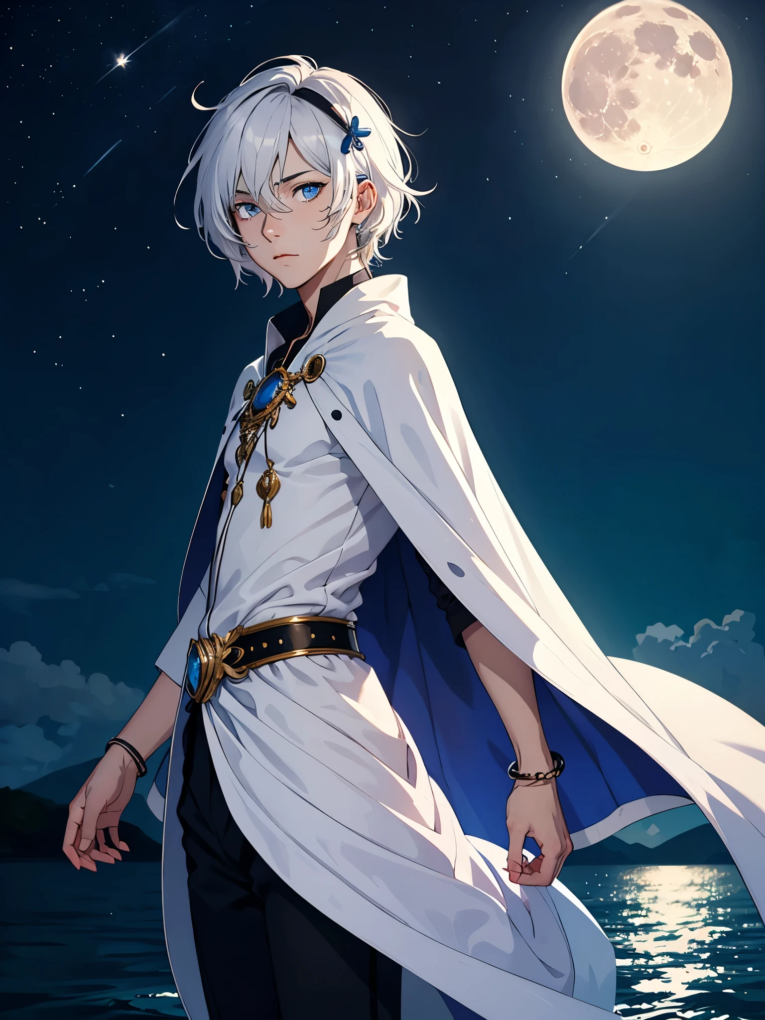 Sehr Lange haare. Mehr anime. aquatic, boy, Goddess of the Moon, silver hair accessories, White hair, White dress, cape, at night, saturated colors, light eyes, bright, light blue light, blue eyes, Jewelry silver, bluish light, Full moon in the background, aquatic in der Luft rosa kerzen