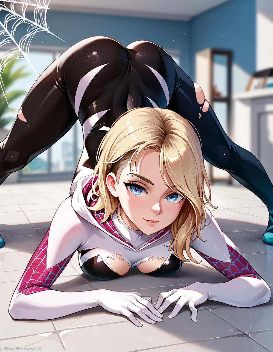 anime_source, (masterpiece), best quality, expressive eyes, perfect face, score_9, score_8_up, score_7_up, 1girl, blonde hair, blue eyes, bodysuit, jack o pose, top down bottom up, breasts, medium breasts, silk, solo, spider web, torn clothes, spider gwen, blurry background