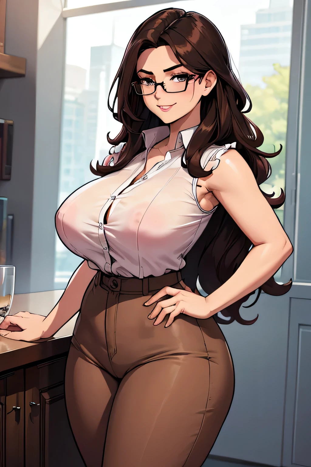 absurdres, high res, ultrasharp, 8K, masterpiece, 1girl, long hair, sensual look, sultry smile, dark brown hair, curvy huge breasts, glasses, secretary outfit, big , sleeveless buttoned-up pink blouse, formal look, beige
pants, see through, no sleeves or cuffs on pink blouse, standing up straight