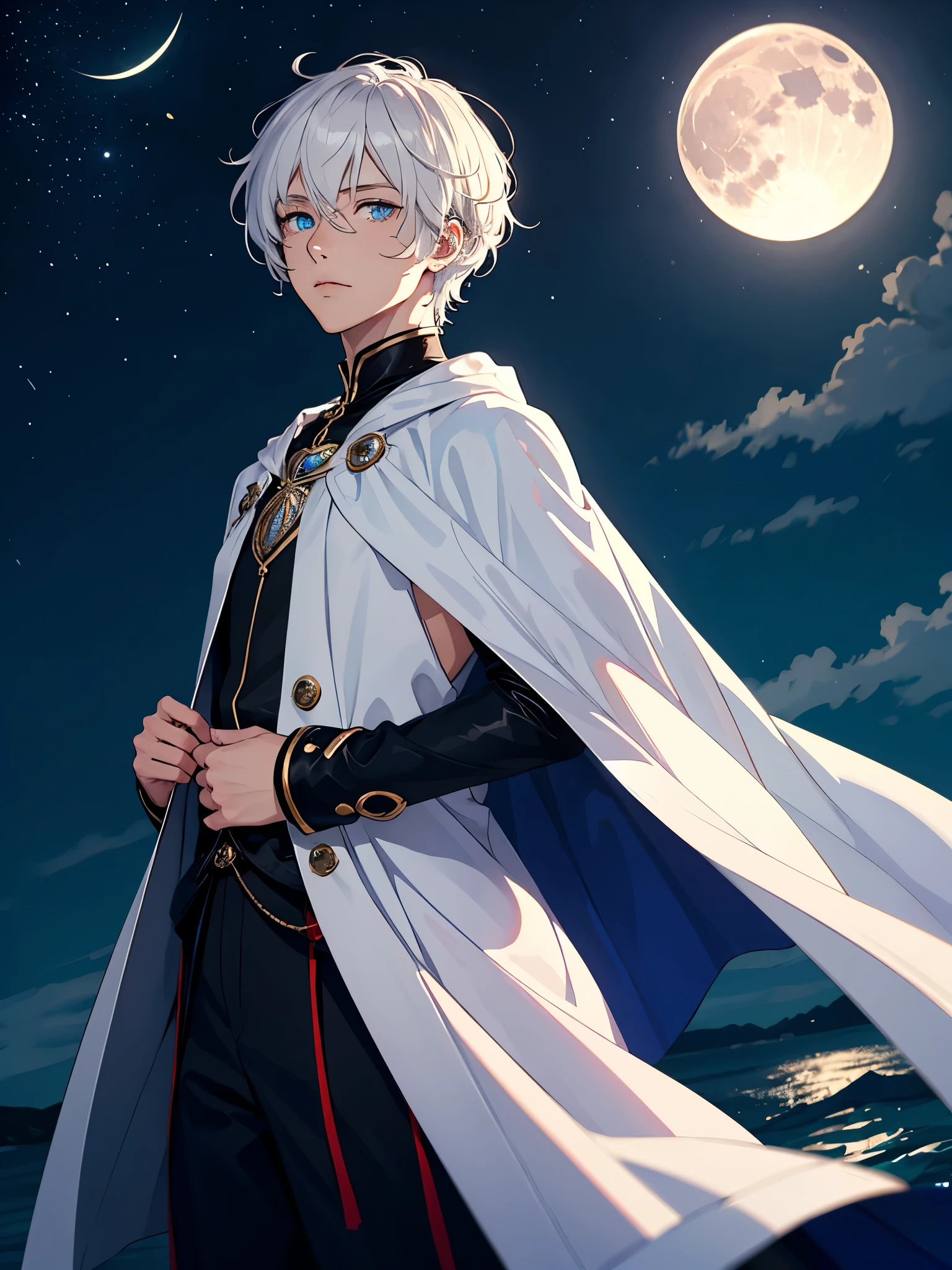 Sehr Lange haare. Mehr anime. aquatic, boy, Goddess of the Moon, silver hair accessories, White hair, White dress, cape, at night, saturated colors, light eyes, bright, light blue light, blue eyes, Jewelry silver, bluish light, Full moon in the background, aquatic in der Luft rosa kerzen
