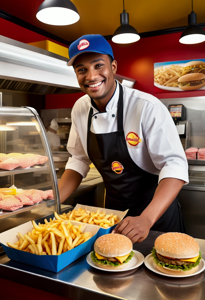 (Fast Food Worker), A fast food clerk stood behind the counter, quickly packaging hamburgers and fries in his hands, with a friendly smile on his face. The background was a busy fast food restaurant, with lively music playing inside and customers coming in a continuous stream. The clerk ordered while having pleasant conversations with customers, full body, (Photography), panoramic view, award-winning, cinematic still, emotional, vignette, dynamic, vivid, (masterpiece, best quality, Professional, perfect composition, very aesthetic, absurdres, ultra-detailed, intricate details:1.3)