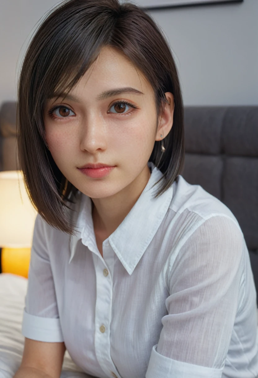 (realistic, photo-realistic:1.37),(8k, RAW photo, best quality, masterpiece:1.2), extremely fine detailed,cute,ultra-detailed,physically-based rendering, ultra high res, kodakvision color, shot on Arricam LT Camera, bokeh, sharp focus,looking at viewer,photorealistic,realistic, solo, photorealistic, best quality,extremely detailed face,extremely detailed eyes and face, beautiful detailed eyes and hair,cuticle,absurdres, incredibly absurdres, floating hair,((short hair,white collared shirt,skirt)),sitting on the bed,beautiful night view,
