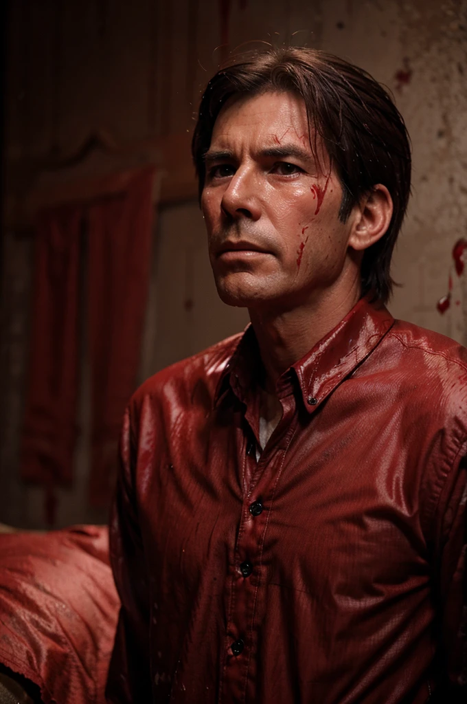  Anthony Perkins is observed shedding tears of blood, his attire drenched in scarlet
