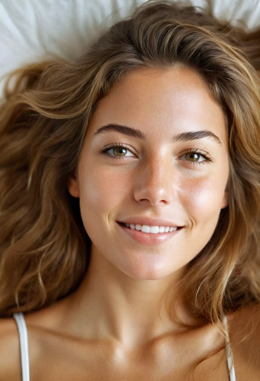 une femme magnifique de 23 ans, grosse poitrine, léger sourire, visage et yeux détaillés, Éclairage naturel, à la maison, cheveux longs, faible contraste, visage naturel, taches de rousseur, cheveux blond foncé, yeux marrons, tout nue sur un lit , tout le corps visible sur le lit ,ventre plat poitrine bien ronde 
