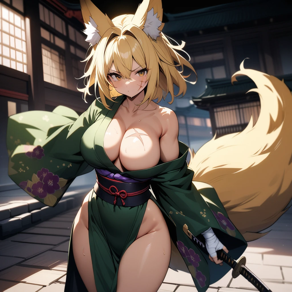 (masterpiece),(best quality),(ultra-detailed),(very aesthetic),nsfw,BREAK,solo,1girl,30 years old,curvy,large breasts,tall,stout build,(toned:0.7),bewitching,(fox tail),blonde fox ears,short hair,blonde hair,beautiful face,(brown eyes),(messy hair),disheveled hair,hair intakes,(fusion of dark green gradient flower print kimono and pelvic curtain:1.2),loose chest,serious,sentimental emotion,open stance,(holding a katana),swinging a katana from the top,The trajectory of the katana as it was swung down glows purple,rage,tabi,bandaged hand,(japanese shrin,plaza),(scar on cheek,scar on breasts:1.2),cowboy shot