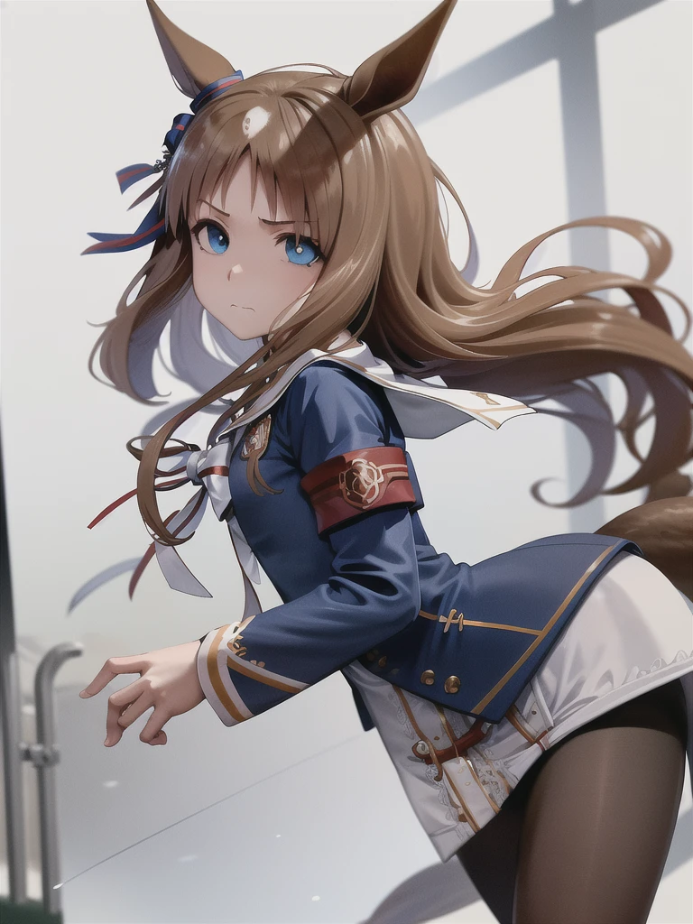 Masterpiece, top quality,
Glass Wonder \(Uma Musume\),

face close up,

closed mouth, blue eyes, ((eyes/aura/blue)),

running, racetrack, grass,

White sailor collar, blue jacket, long sleeves, armband, white dress, white skirt, black pantyhose, boots, brown footwear, mismatched footwear