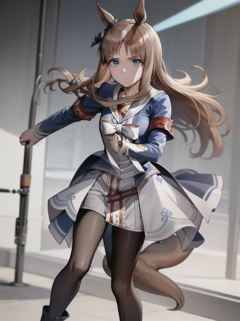 Masterpiece, top quality,
Glass Wonder \(Uma Musume\),
face close up,
closed mouth, blue eyes, ((eyes/aura/blue)),
running, racetrack, grass,
White sailor collar, blue jacket, long sleeves, armband, white dress, white skirt, black pantyhose, boots, brown footwear, mismatched footwear