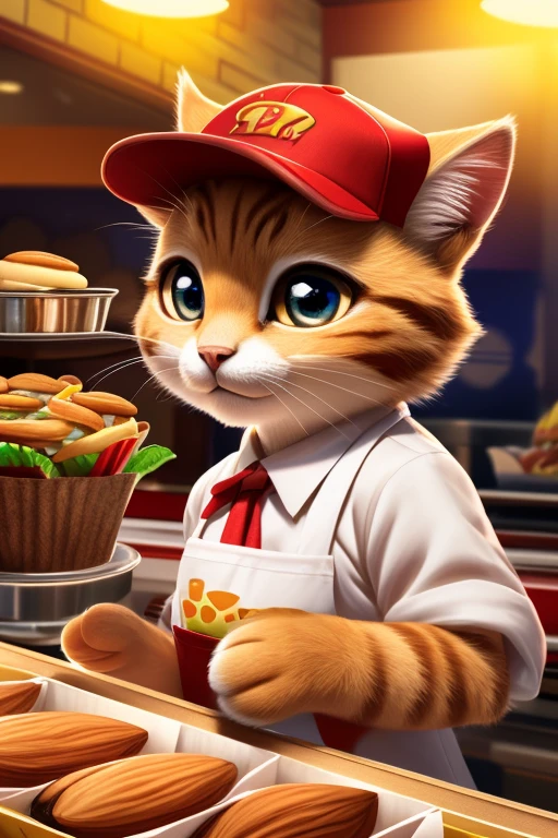 (Highest quality、masterpiece、8K))、Anatomically correct、Very detailed、High resolution、Realistic、((Beautiful, bright, almond-shaped, detailed eyes))、Intricate details、Cinematic lighting、((Dynamic composition))、Party、cute cat、Fast food restaurant clerk、Fast food counter、Red Cap Cap