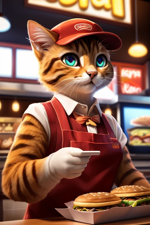 (Highest quality、masterpiece、8K))、Anatomically correct、Very detailed、High resolution、Realistic、((Beautiful, bright, almond-shaped, detailed eyes))、Intricate details、Cinematic lighting、((Dynamic composition))、Party、cute cat、Fast food restaurant clerk、Fast food counter、Red Cap Cap